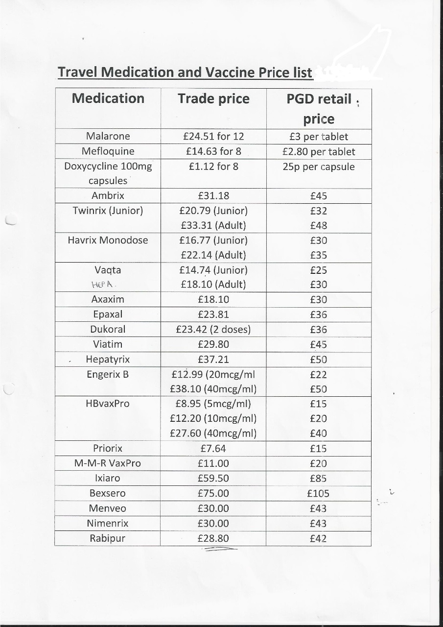 travel medication and Vaccine Price list